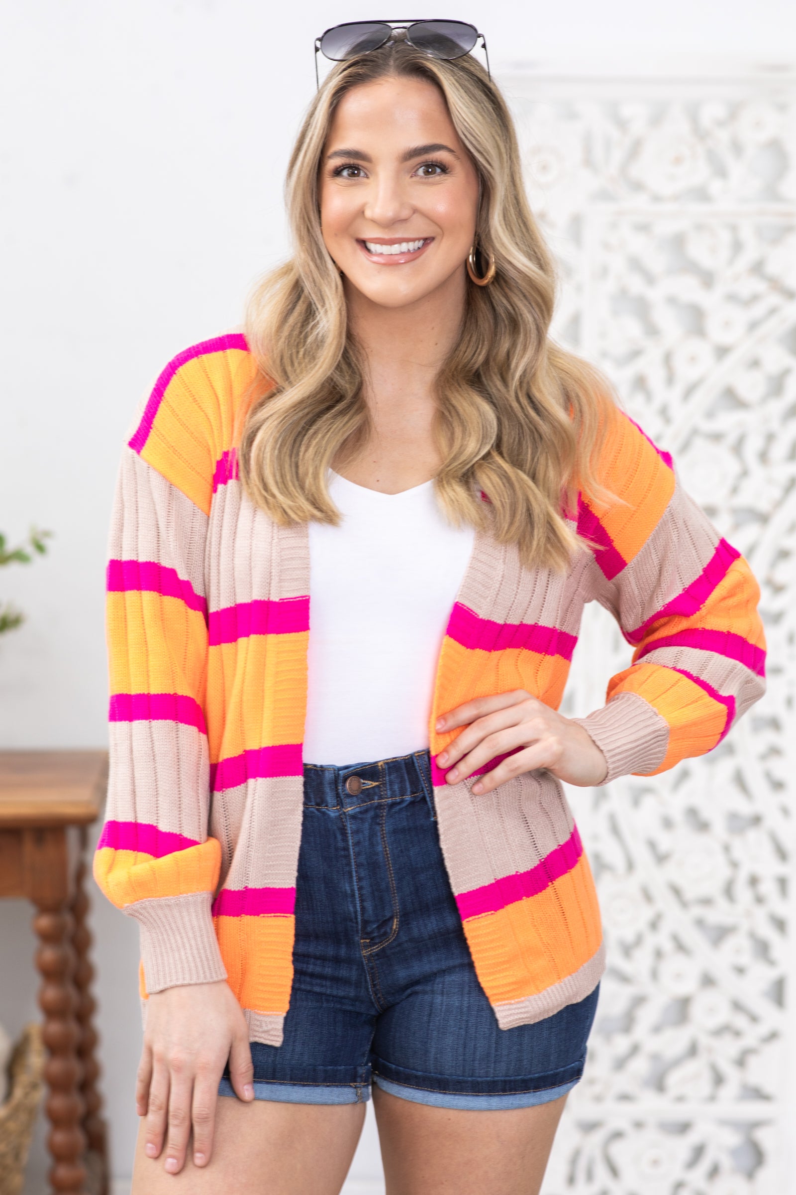 Orange and Hot Pink Stripe Ribbed Cardigan