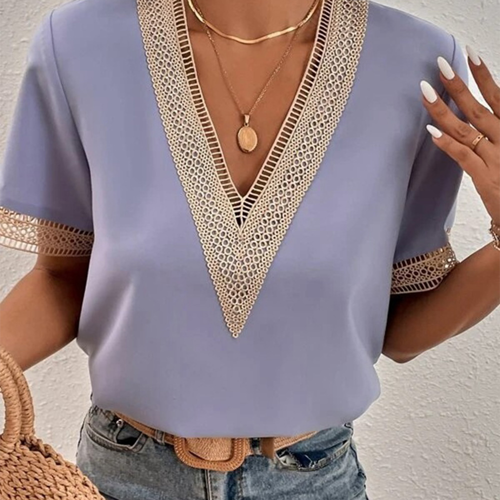 Castillotigo™ Camisa casual de color sólido de encaje con cuello en V europeo y americano de moda
