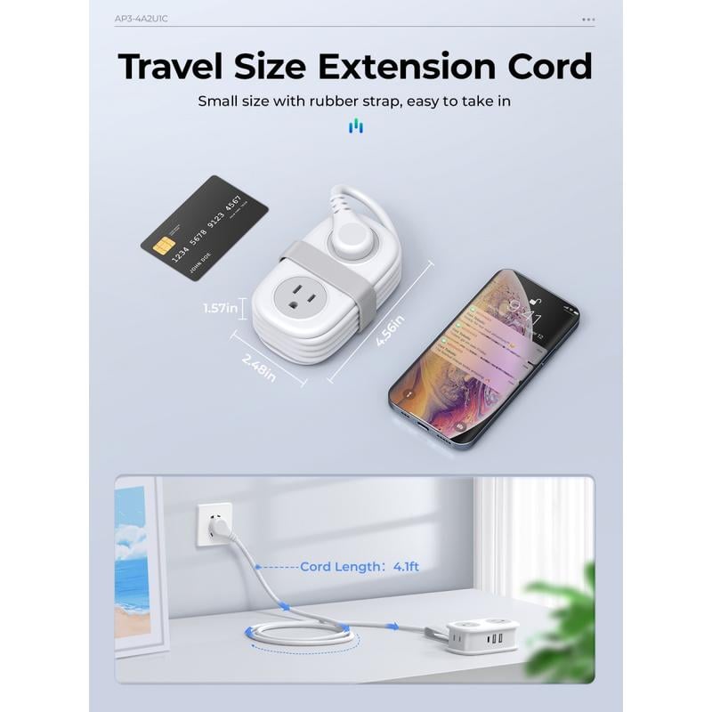 Travel Power Strip,4 Outlets 2 USB Ports (1 USB C) with 4FT Wrapped Short Extension Cord Small Power Strip