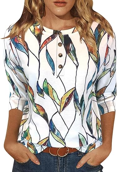 Womens Tops Casual 3/4 Sleeve Shirts Crew Neck Loose Casual Blouses Floral Print Tshirts