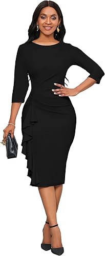 Church Dresses for Women 3/4 Sleeve Bodycon Ruffle Vintage Wear to Work Pencil Midi Dress