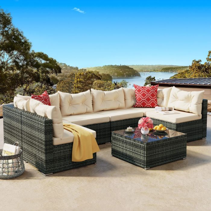 7 PCS Patio Furniture Set, All-Weather PE Rattan Outdoor Conversation Sectional Sofa Set, Wicker Outside Couch with Table and Cushions for Porch Garden Backyard Beige