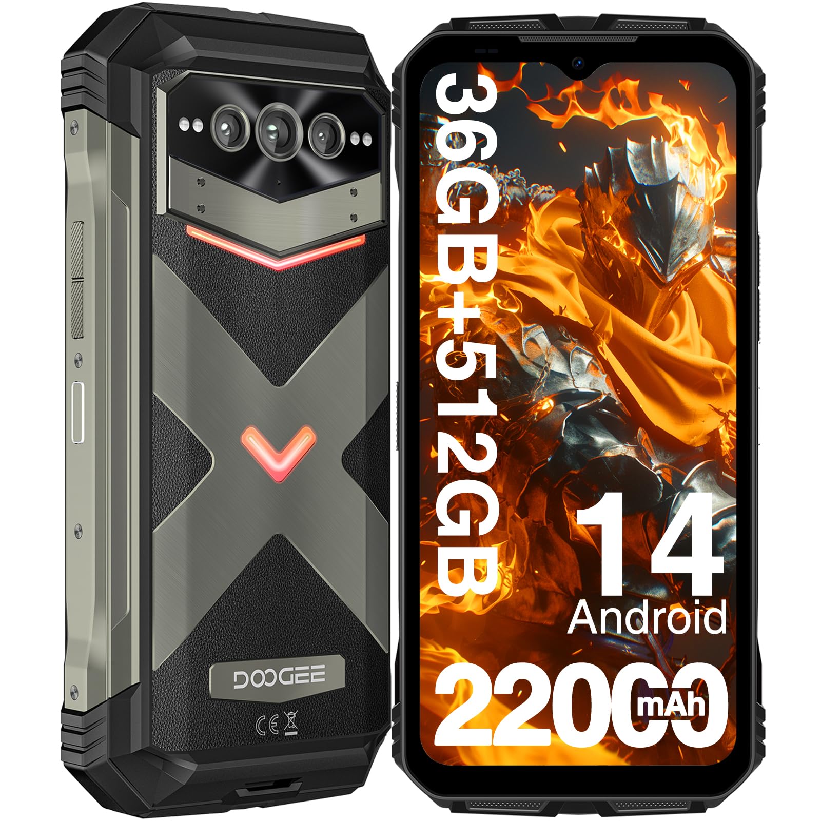 Smartphone rugoso de la visión nocturna 5G, 22000mAh 36GB+512GB Android 14, 6,6 pulgadas FHD+120Hz