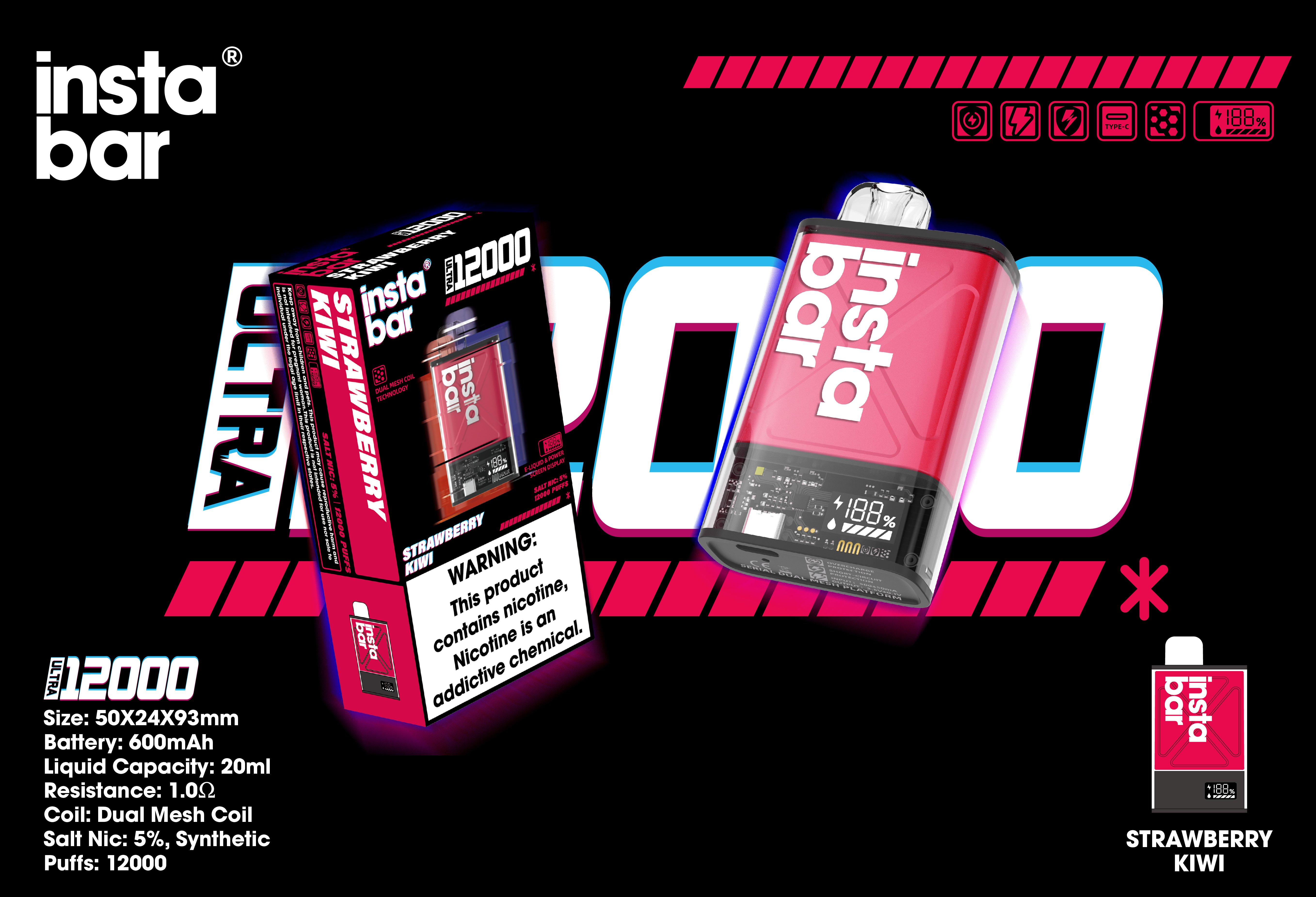 INSTABAR IU12000 PUFFS -Strawberry and kiwi flavor