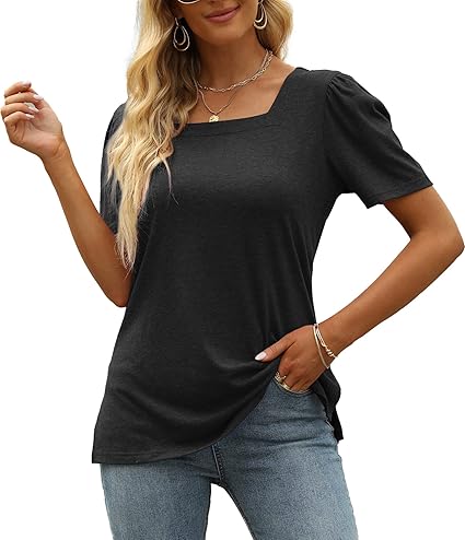 Womens Tops Casual Short Sleeve Square Neck Shirts Puff Sleeve Tshirts Loose Casual Blouse Summer Tee