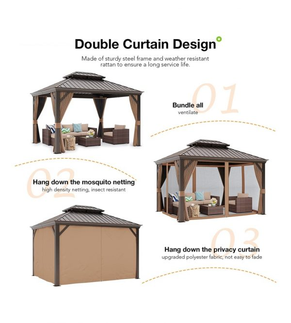 10’ft x 12’ft Hardtop Gazebo, Outdoor Aluminum Gazebo with Galvanized Steel Double Vented Roof Canopy, W/Shaded Curtains and Netting, Pergola for Patio, Garden, Yard, Lawn,Party, BBQ (Brown)