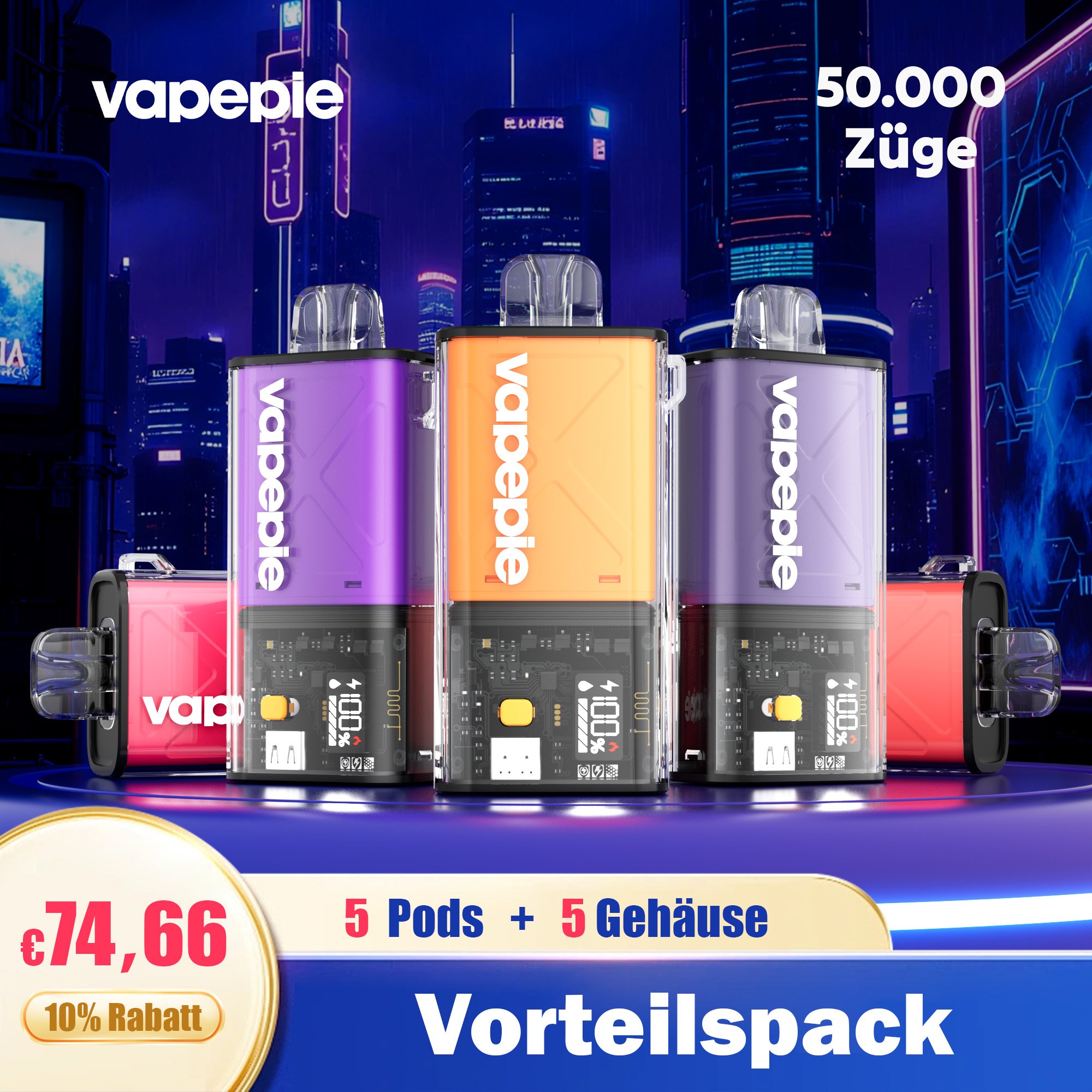 【5 Pods +5 Gehäuse-10%】Vapepie 50.000 Züge