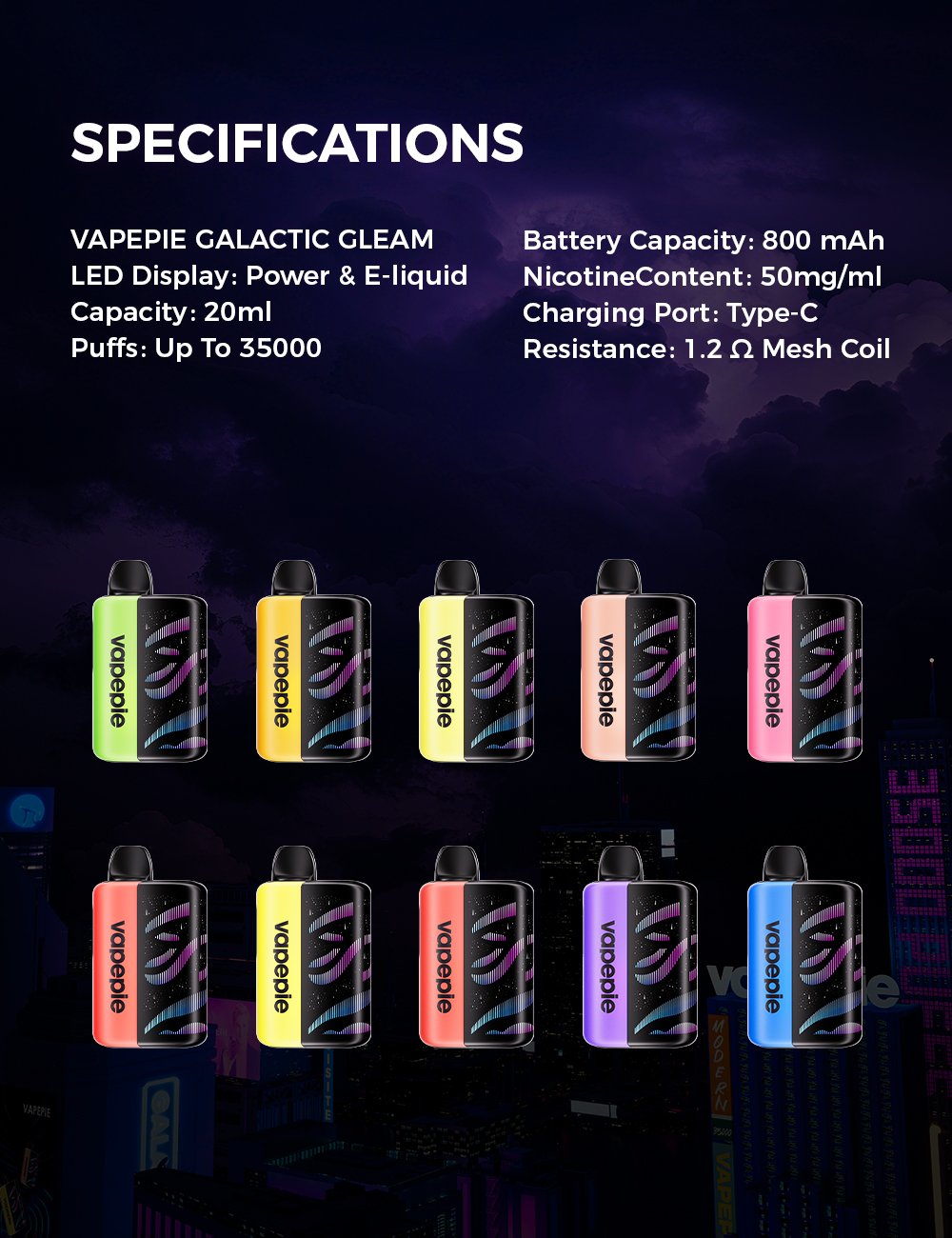 VapePie Galactic Gleam 35000 Puff Vape – Curved Screen & Massive Puffs
