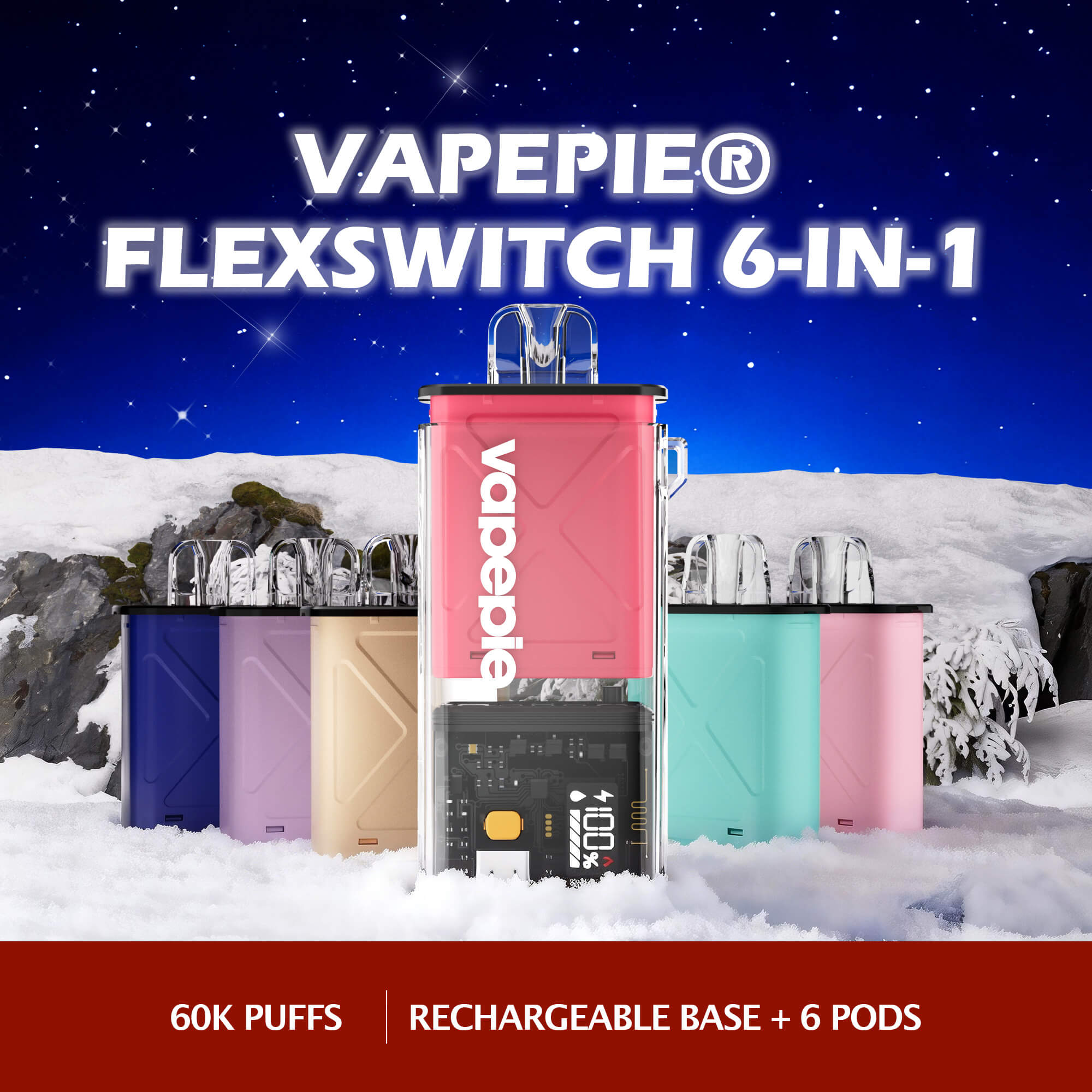 🇺🇸Vapepie FlexSwitch 6-in-1 Bundle 60k Puff · Rechargeable Base + 6 Pods
