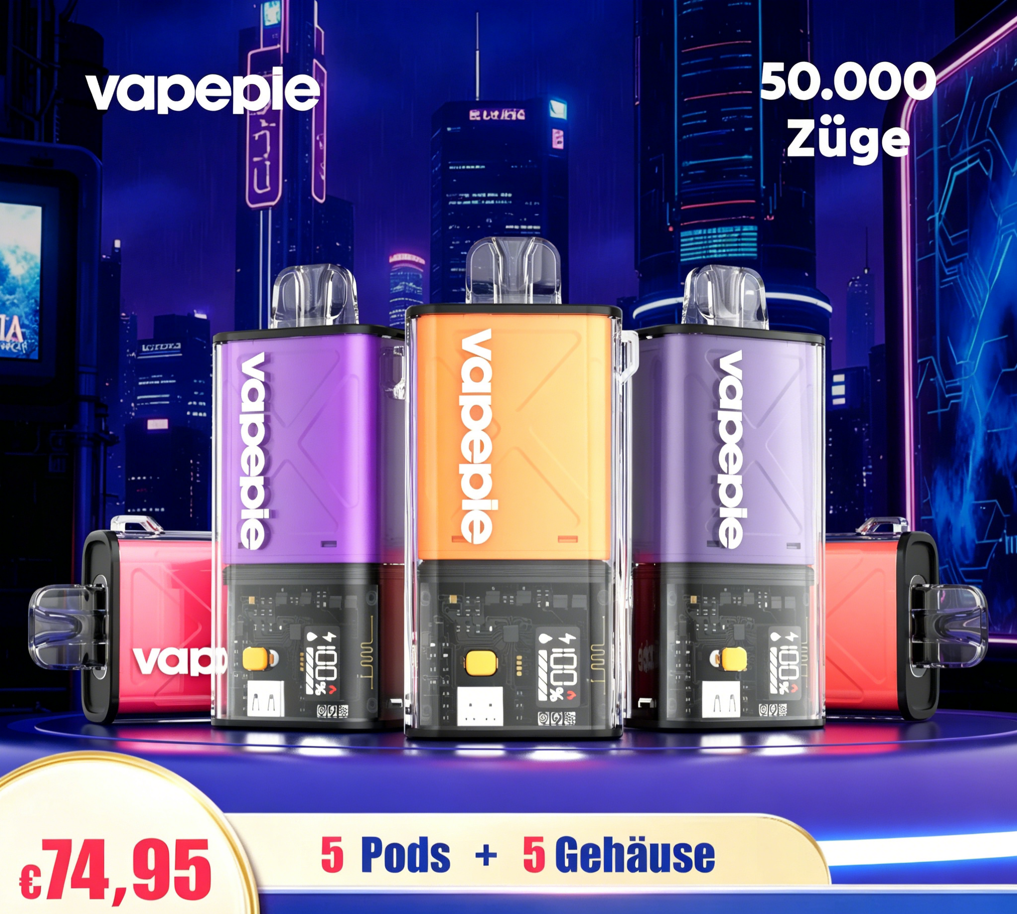 【5 Pods + 5 Gehäuse -20% Rabatt】Vapepie 50.000 Züge