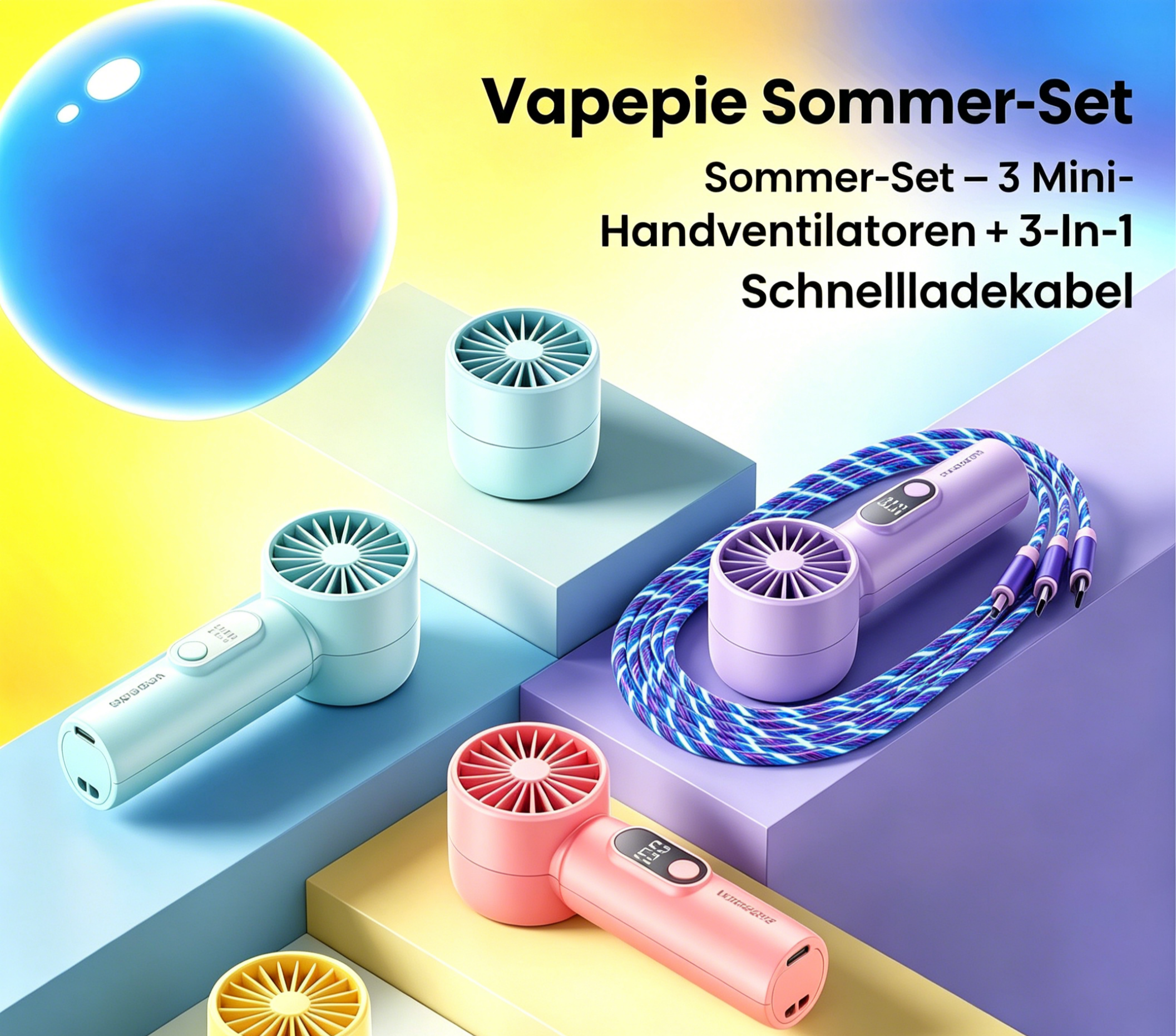 Vapepie Sommer-Set – 3 Mini-Handventilatoren + 3-In-1 Schnellladekabel
