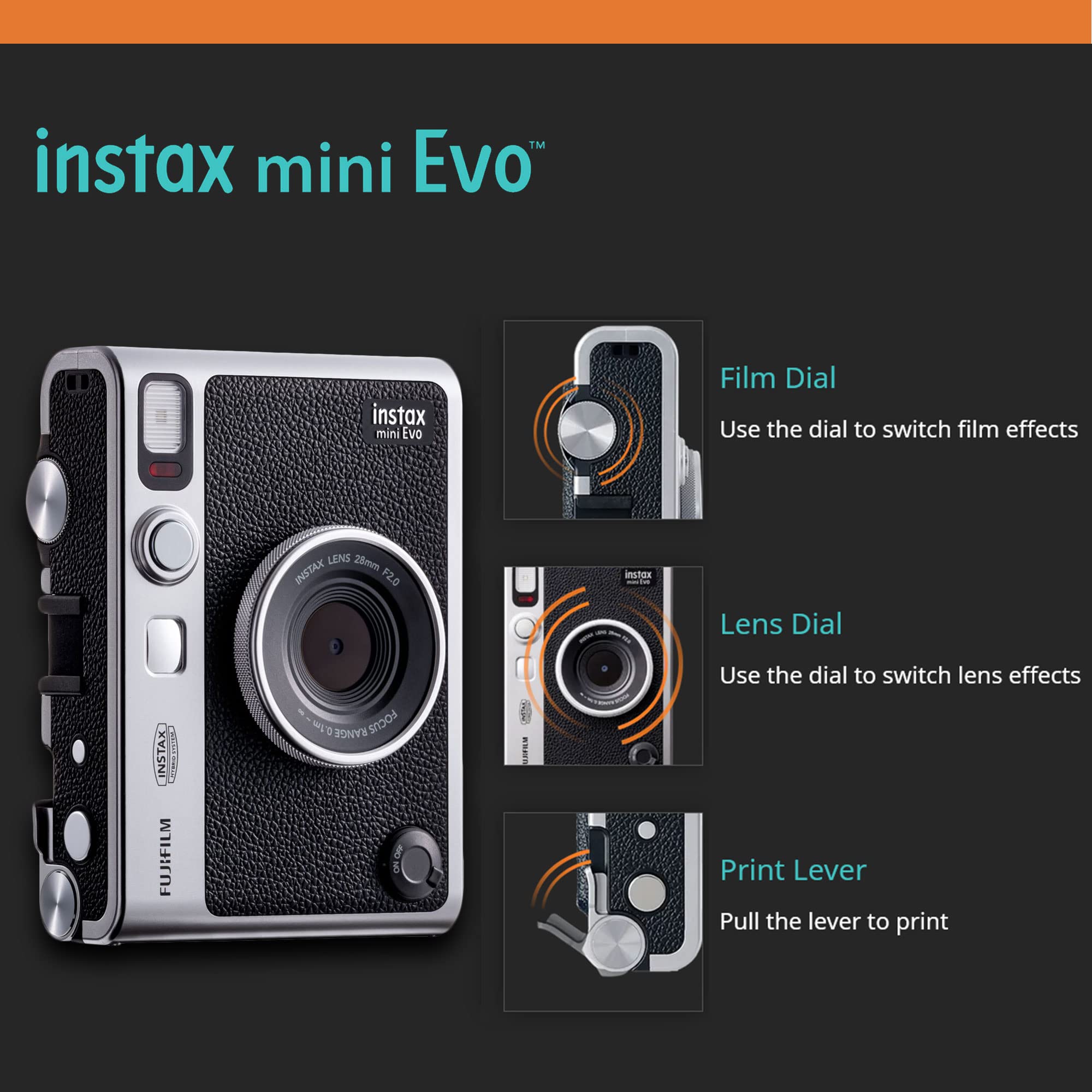 Fujifilm Instax Mini EVO Camera Kit con Instax Mini Instant Film, 20 hojas, tarjeta MicroSD de 32GB, funda protectora negra estilo retro