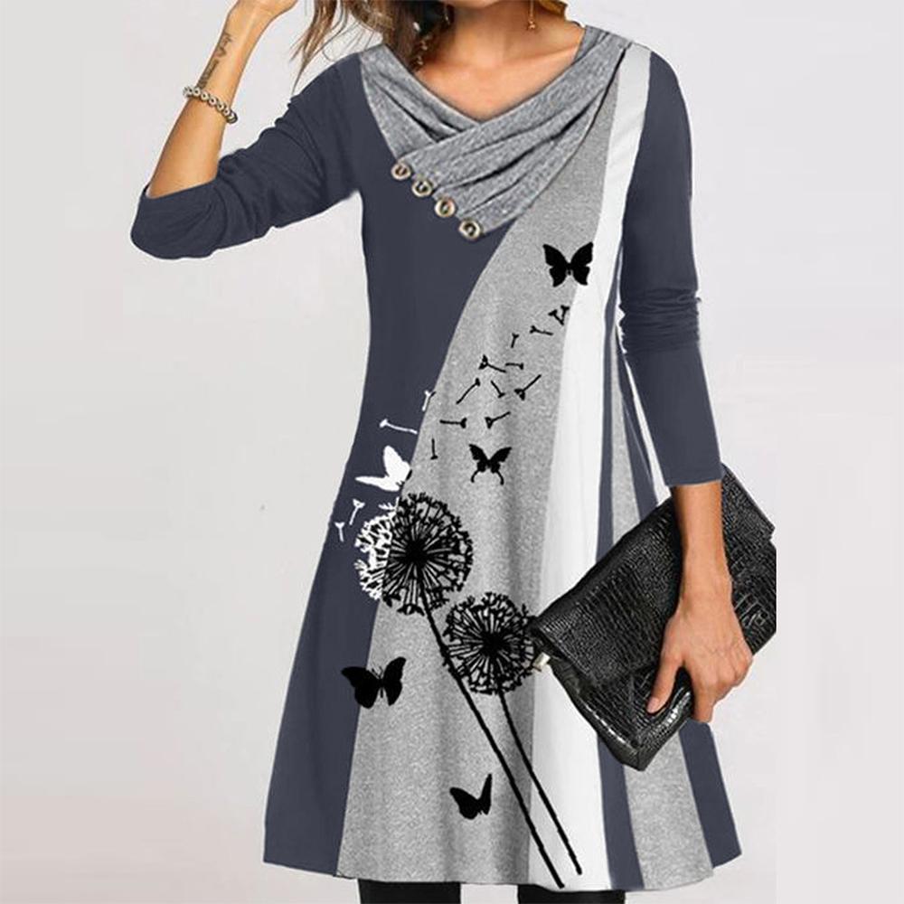 Higomore™ Printed Long Sleeve Buttoned V-neck Dress