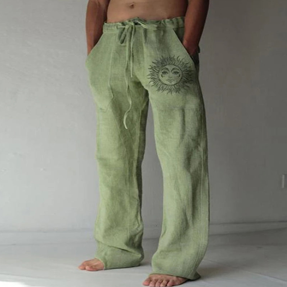Castillotigo™ Pantalones casuales con estampado de sol bohemio de lino y algodón para hombre