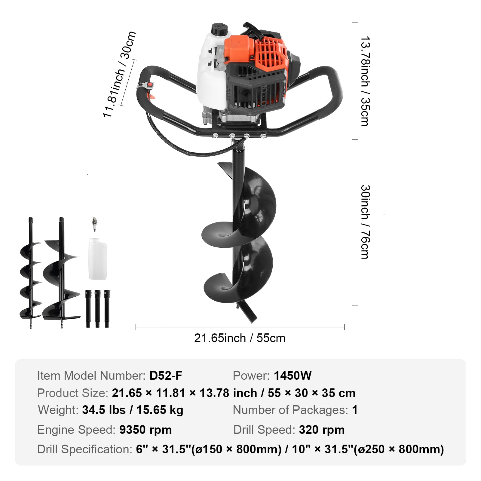 Excavadora a gasolina VEVOR de 52 cc y 1450 W, brocas de barrena de 6 y 10 pulgadas y 3 varillas de extensión