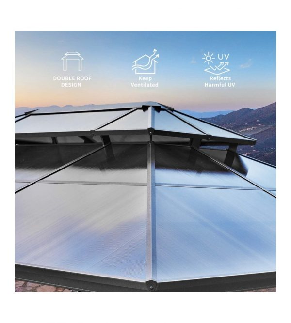 12’ftx16′ft Hardtop Gazebo, Outdoor Polycarbonate Double Roof Canopy, Aluminum Frame Permanent Pavilion with Curtains and Netting, Sunshade for Garden, Patio, Lawns