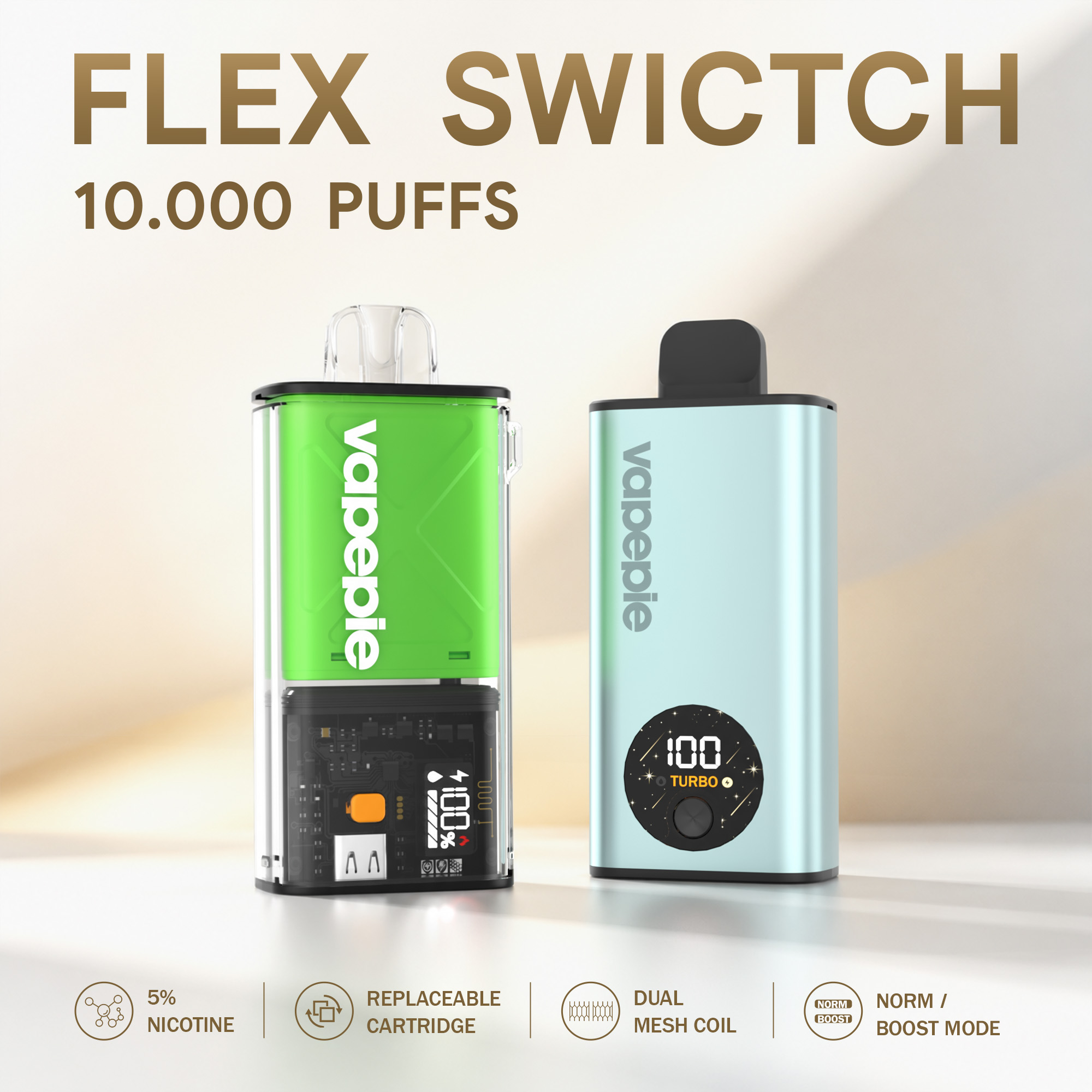 Vapepie FlexSwitch 5mg Pod-Kit 10.000 Puffs – Wiederaufladbares Pod-Vape-Set mit vielfältigen Optionen