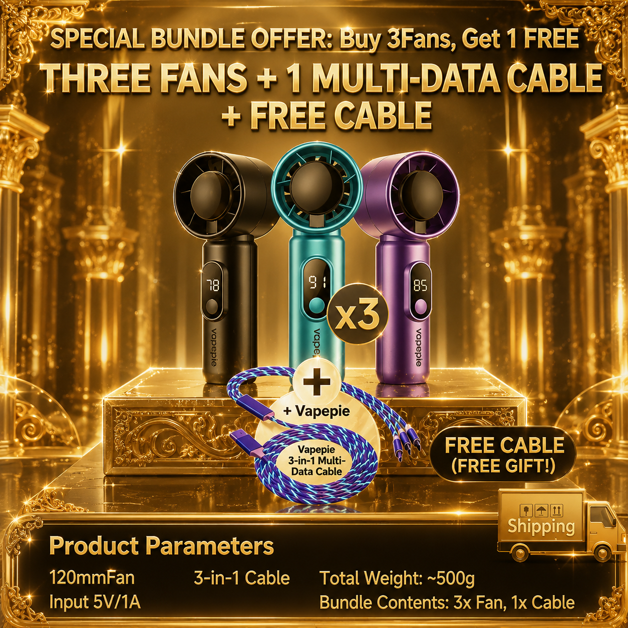 VAPEPIE Merch Sommer-Set (3x Mini Ventilator + 3-in-1 Kabel) – Farbe frei wählbar