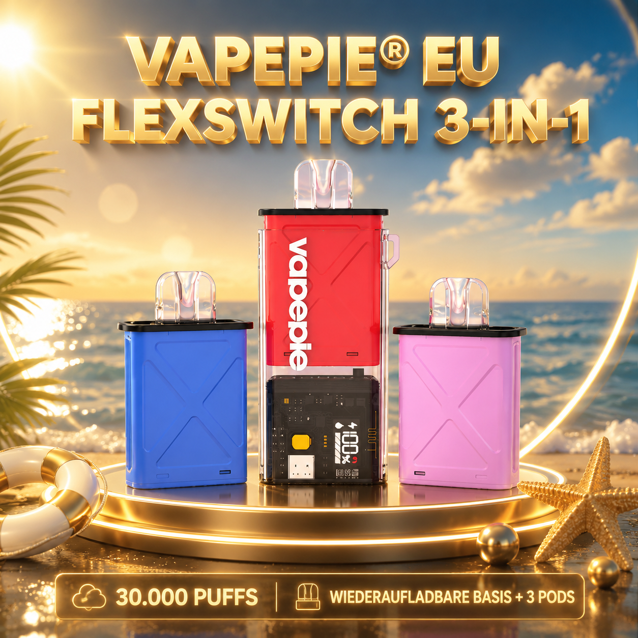 【Pod-Kit Sparpaket】Vapepie FlexSwitch 3-in-1-Pod-Kit 30.000 Puffs – Wiederaufladbar mit nachfüllbaren Pods