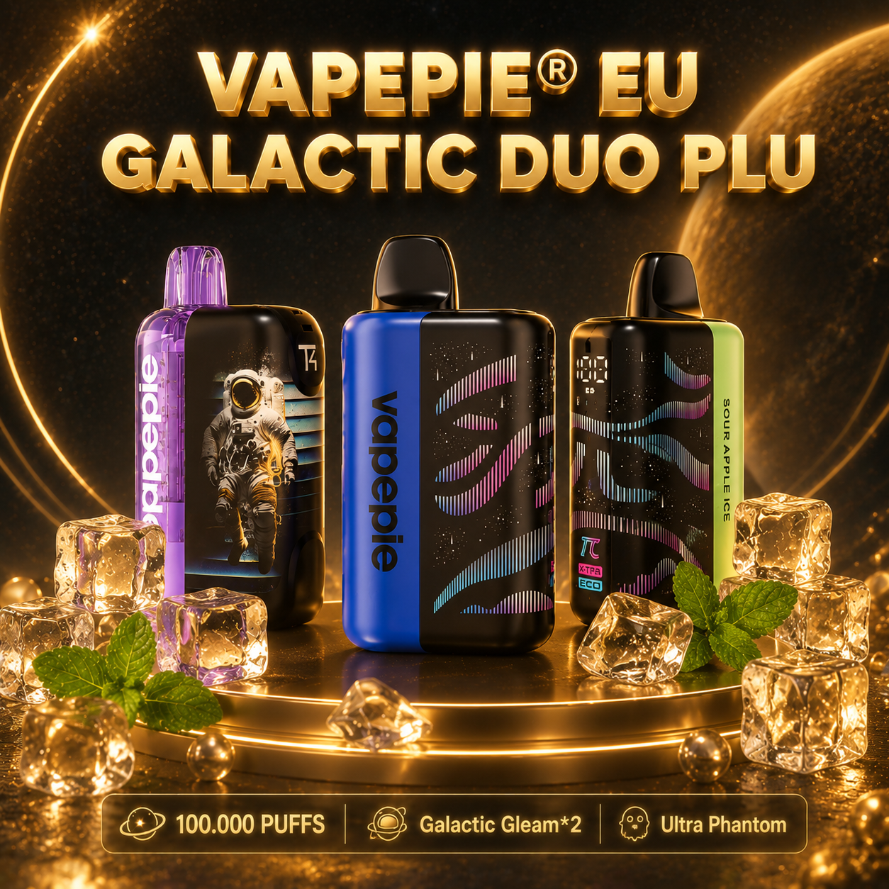 【Sparpaket】 Vapepie Galactic Duo Plus 100.000 Puffs (2x Galactic Gleam & 1x Ultra Phantom) Einweg-Vape