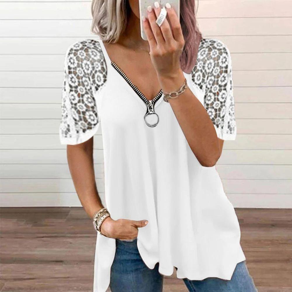 Higomore™ Casual Lace Tops Patchwork Summer V-Neck Hollow Out T-Shirt