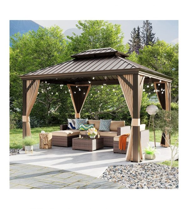 10’ft x 12’ft Hardtop Gazebo, Outdoor Aluminum Gazebo with Galvanized Steel Double Vented Roof Canopy, W/Shaded Curtains and Netting, Pergola for Patio, Garden, Yard, Lawn,Party, BBQ (Brown)