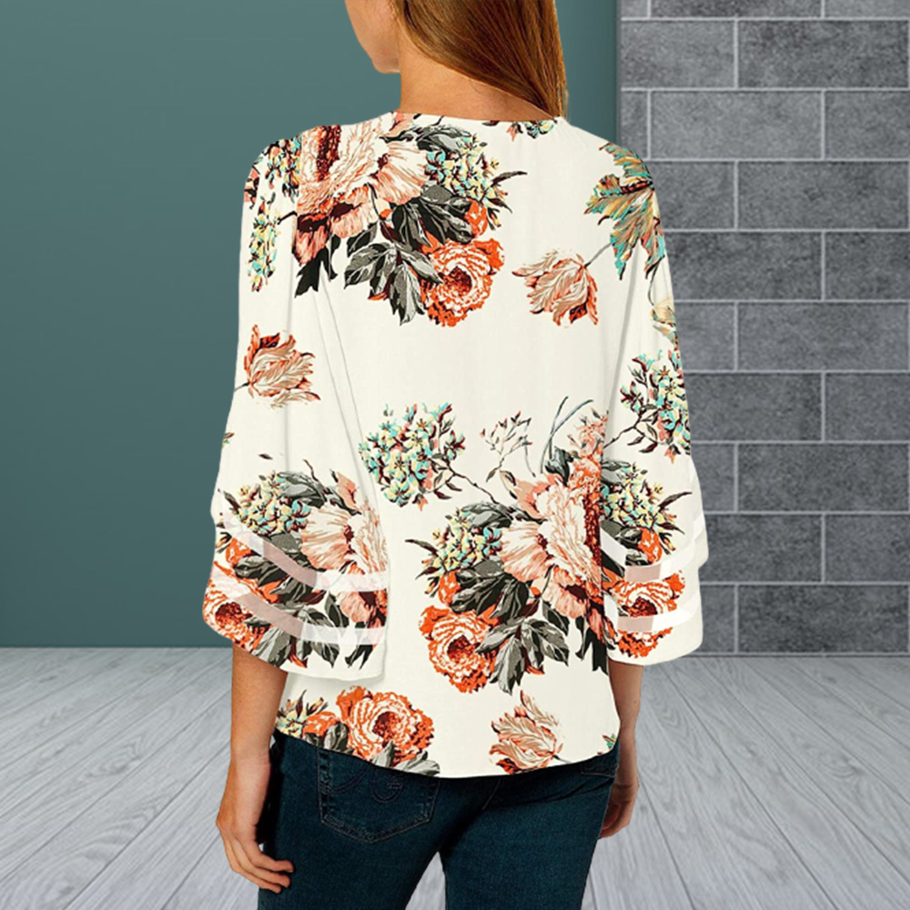 Castillotigo™ Top de camiseta con estampado de patchwork de manga acampanada dulce para mujer