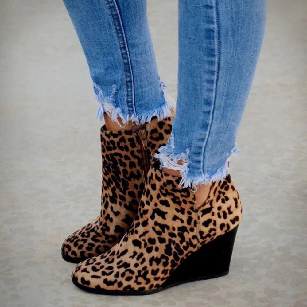 Castillotigo™ Otoño e invierno nuevos botines de cuña con estampado de leopardo de gamuza retro botas de mujer