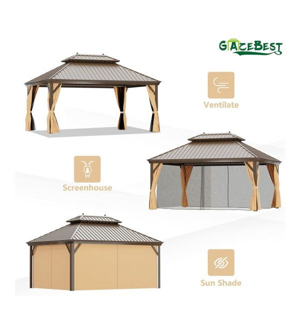 12′ft X 16′ft Permanent Hardtop Gazebo, Outdoor Galvanized Steel Double Roof Pavilion Pergola Canopy with Aluminum Frame and Privacy Curtains for Patio, Garden, Backyard, Lawn