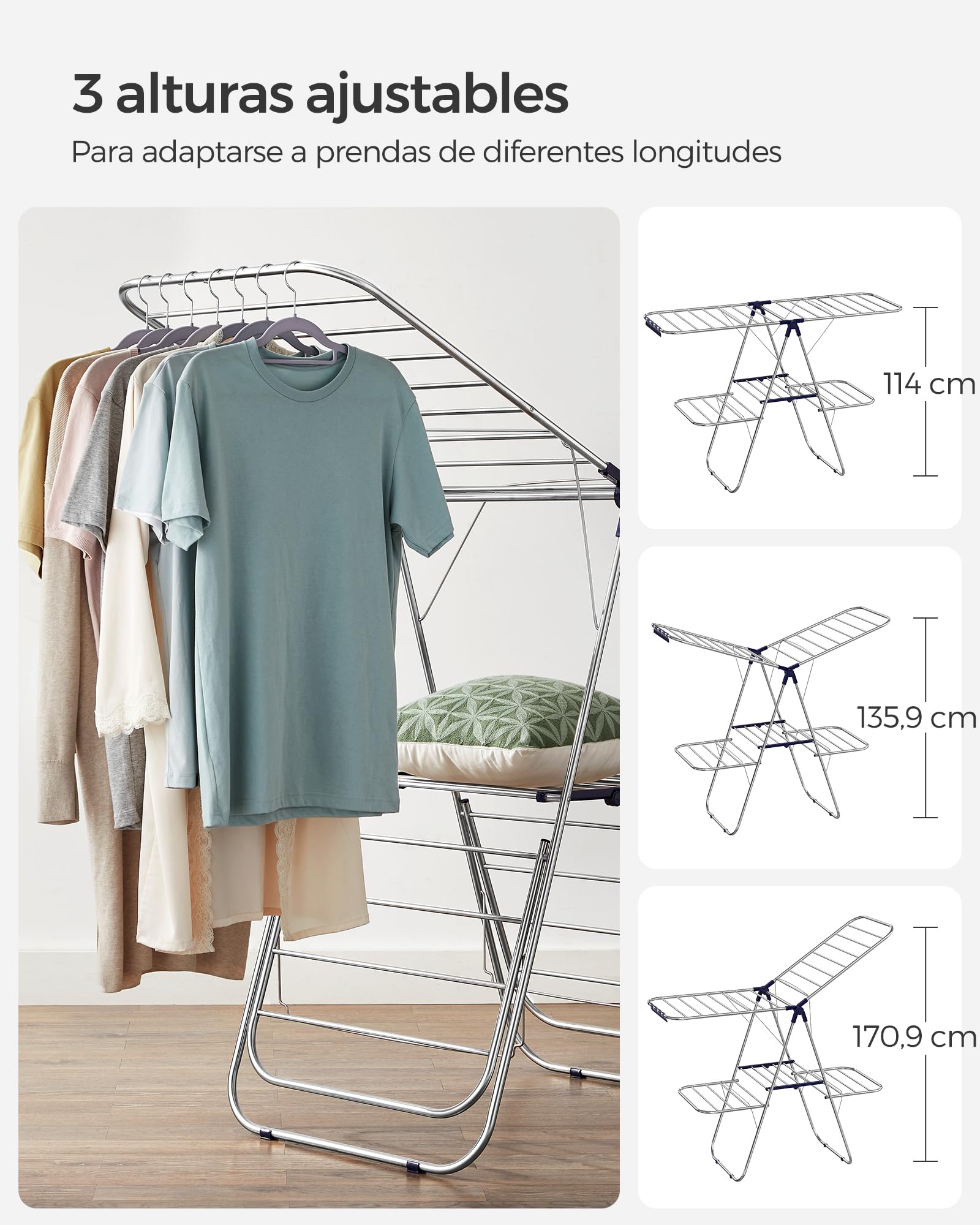 Tendedero plegable de 2 niveles con altura ajustable, 33 varillas para secar ropa, pinzas para calcetines