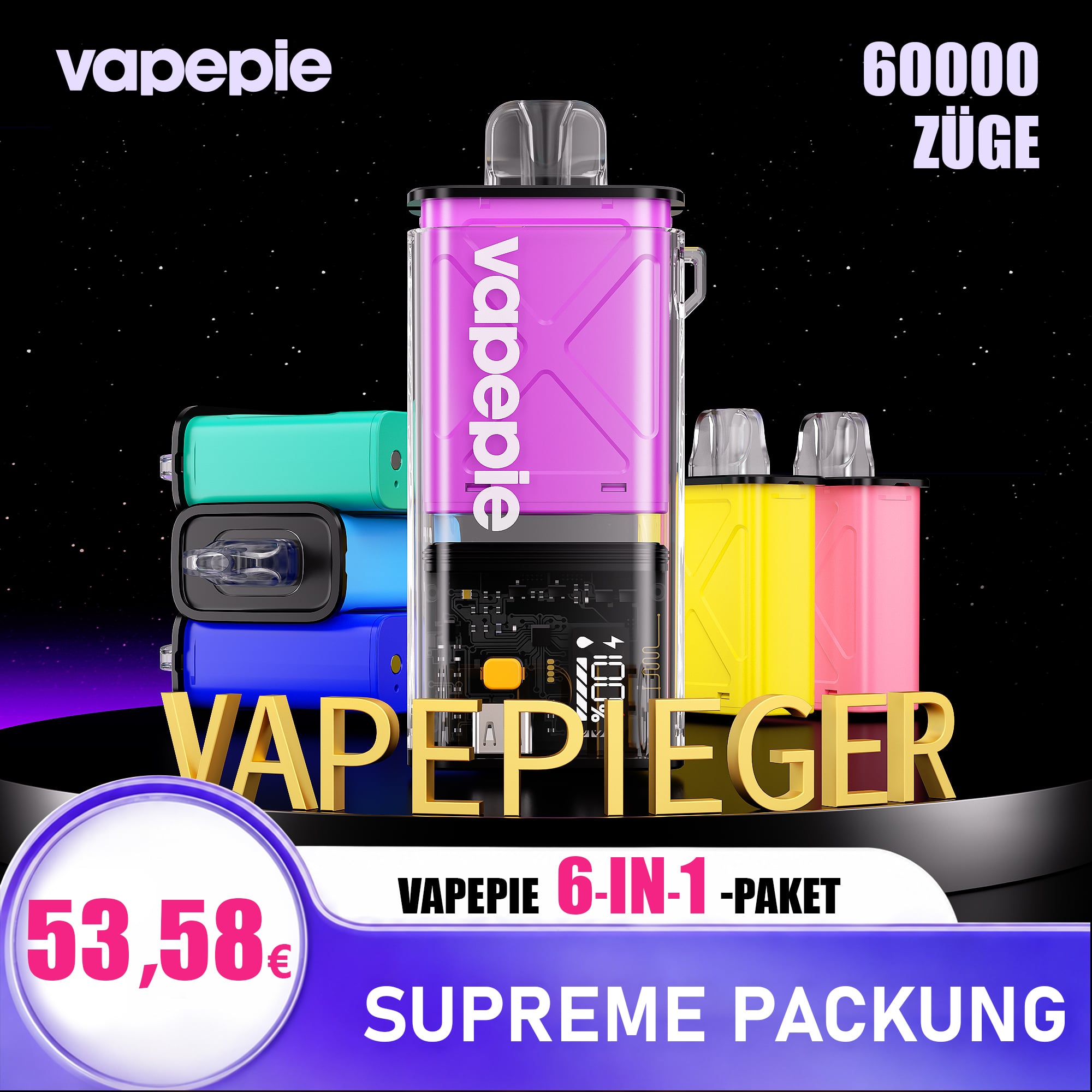 【6 Pods+1 case-10%】VAPEPIE 60.000 Züge 6-in-1 Value-Paket| Schnelle Lieferung aus dem DE-Lager