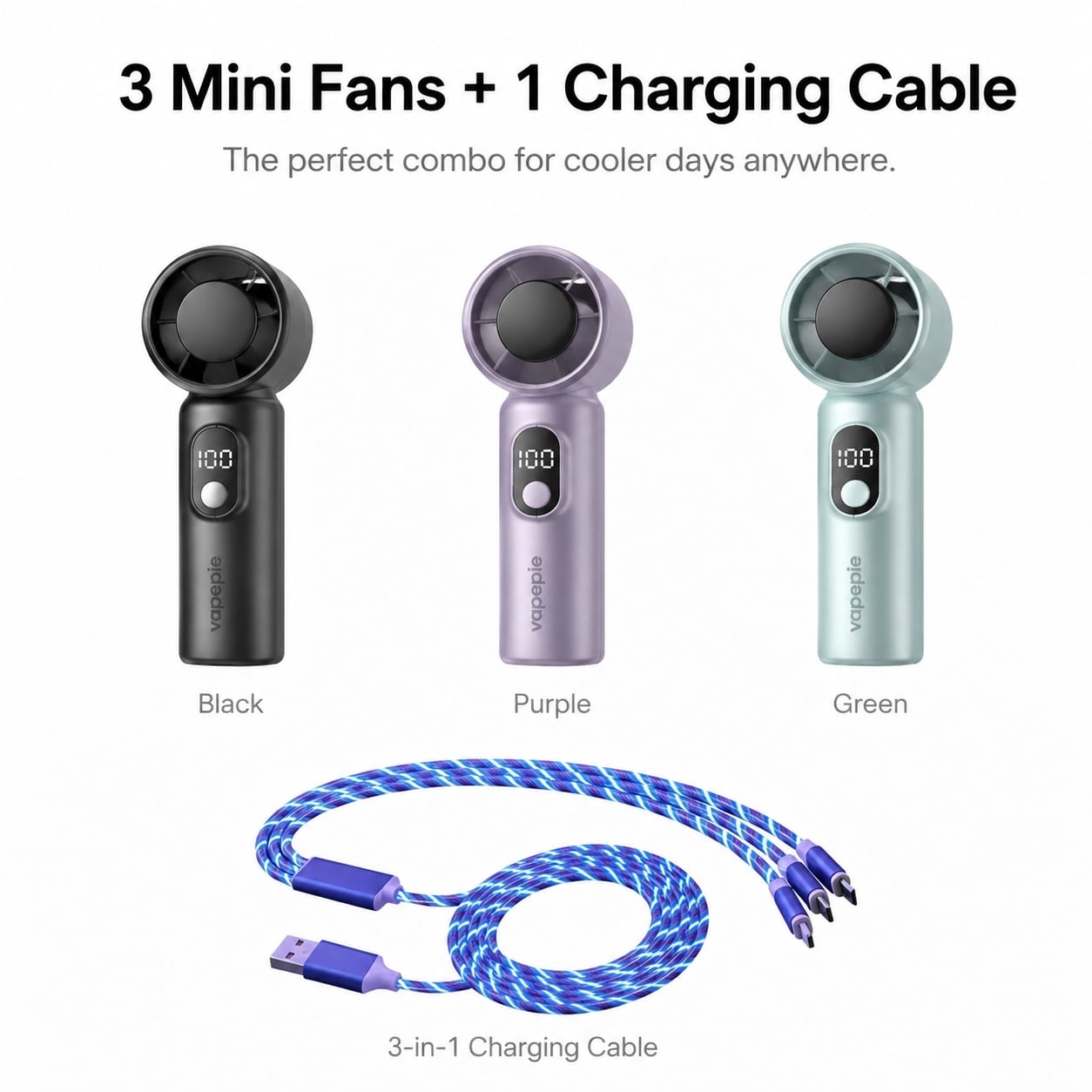 3-Pack Portable Mini Fan & Charging Cable Bundle