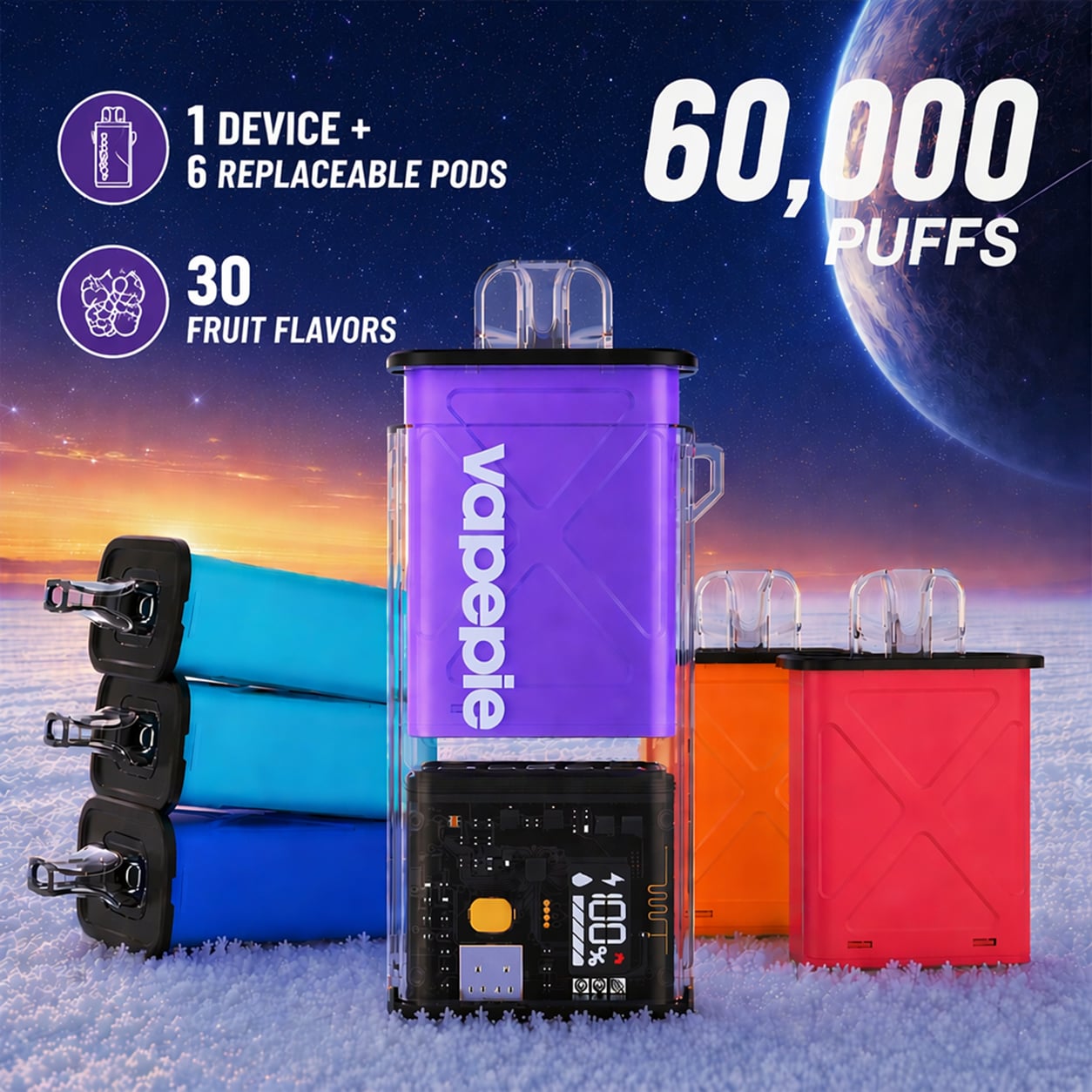 Vapepie 60K Replaceable Pod Kit (1 Device + 6 Pods)
