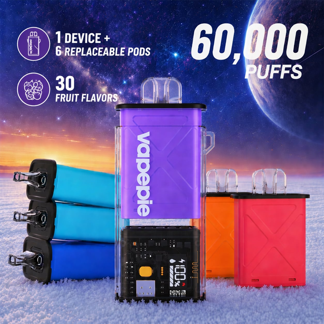 Vapepie 60K Replaceable Pod Kit (1 Device + 6 Pods)