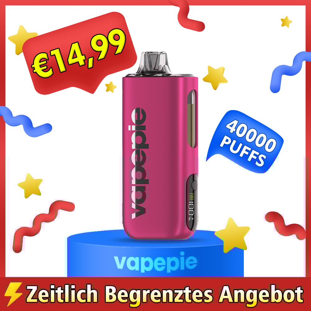 VAPEPIE Max 40.000 Züge – Bester Einweg-Vape, 25 ml, auslaufsicher, sichtbares E-Liquid-Fenster, langanhaltend