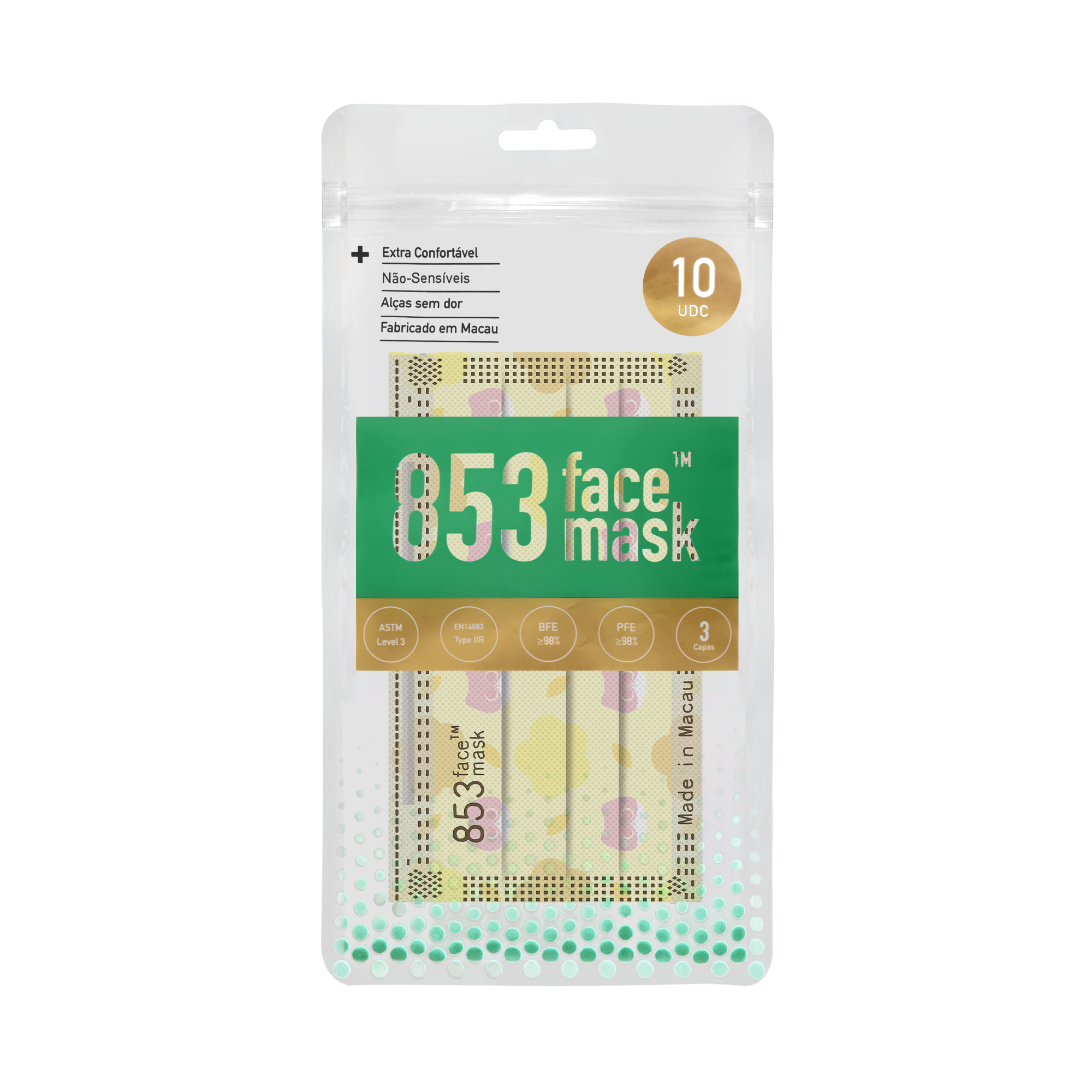 853 Face Mask™ ASTM Level 3 口罩非獨立包裝（853 Face Mask™ x Hi May‧森田系美 桃花旺旺 淺黃色）10片