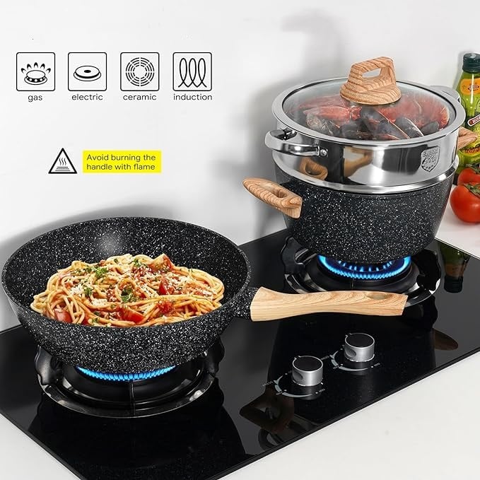 🔥Último día de promoción de Amazon🔥Juego de ollas y sartenes de granito negro de 17 piezas, utensilios de cocina antiadherentes