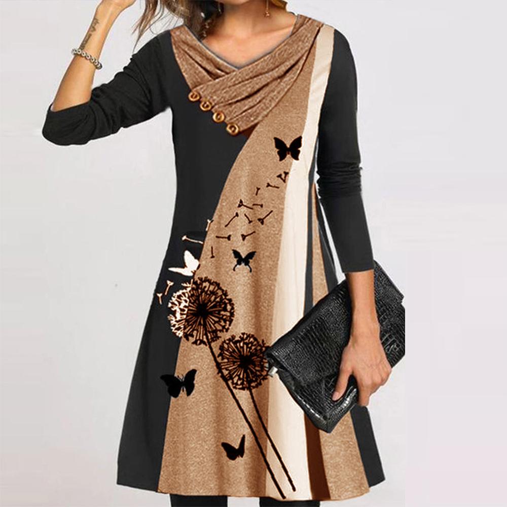 Higomore™ Printed Long Sleeve Buttoned V-neck Dress