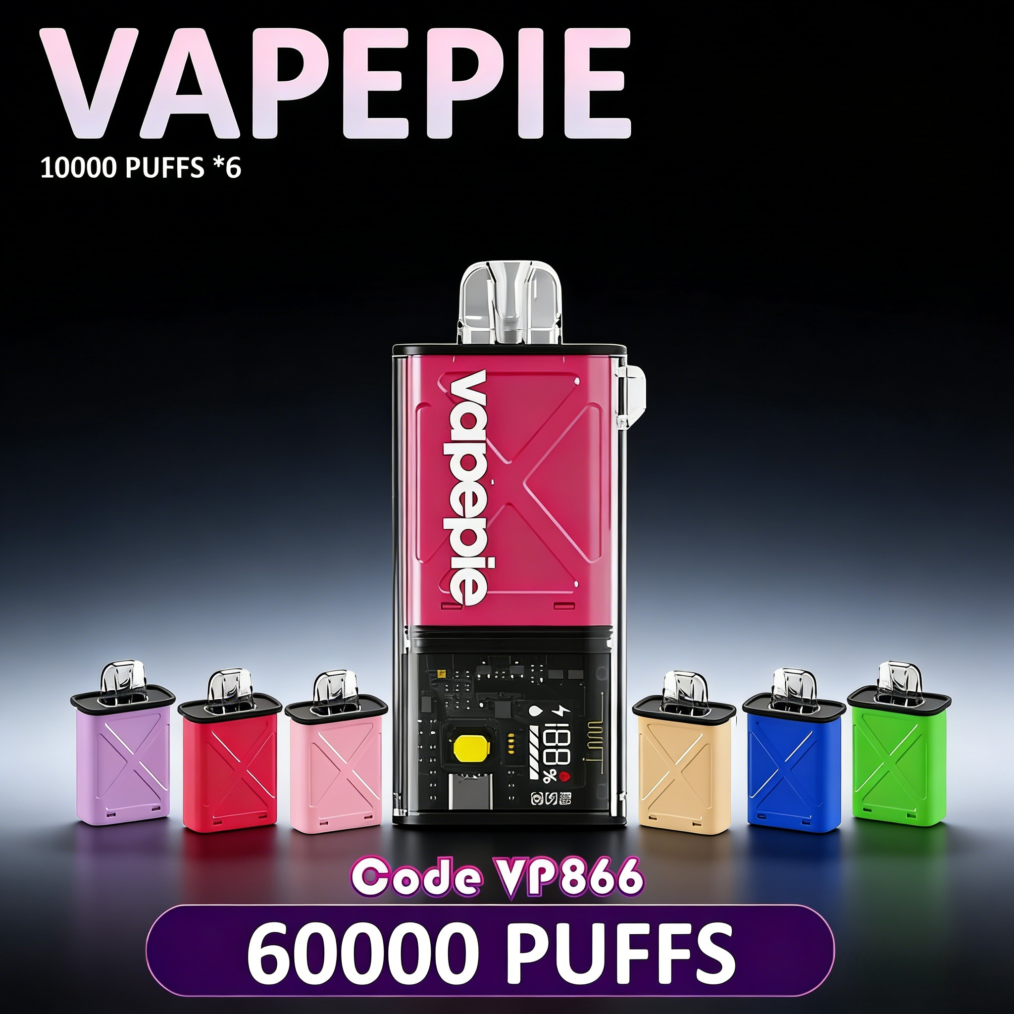 【60000 Puff】Vapepie 10000 Puff Vape - 7 IN 1 Value Package (1 Vape Stick + 6 Vape Pod)