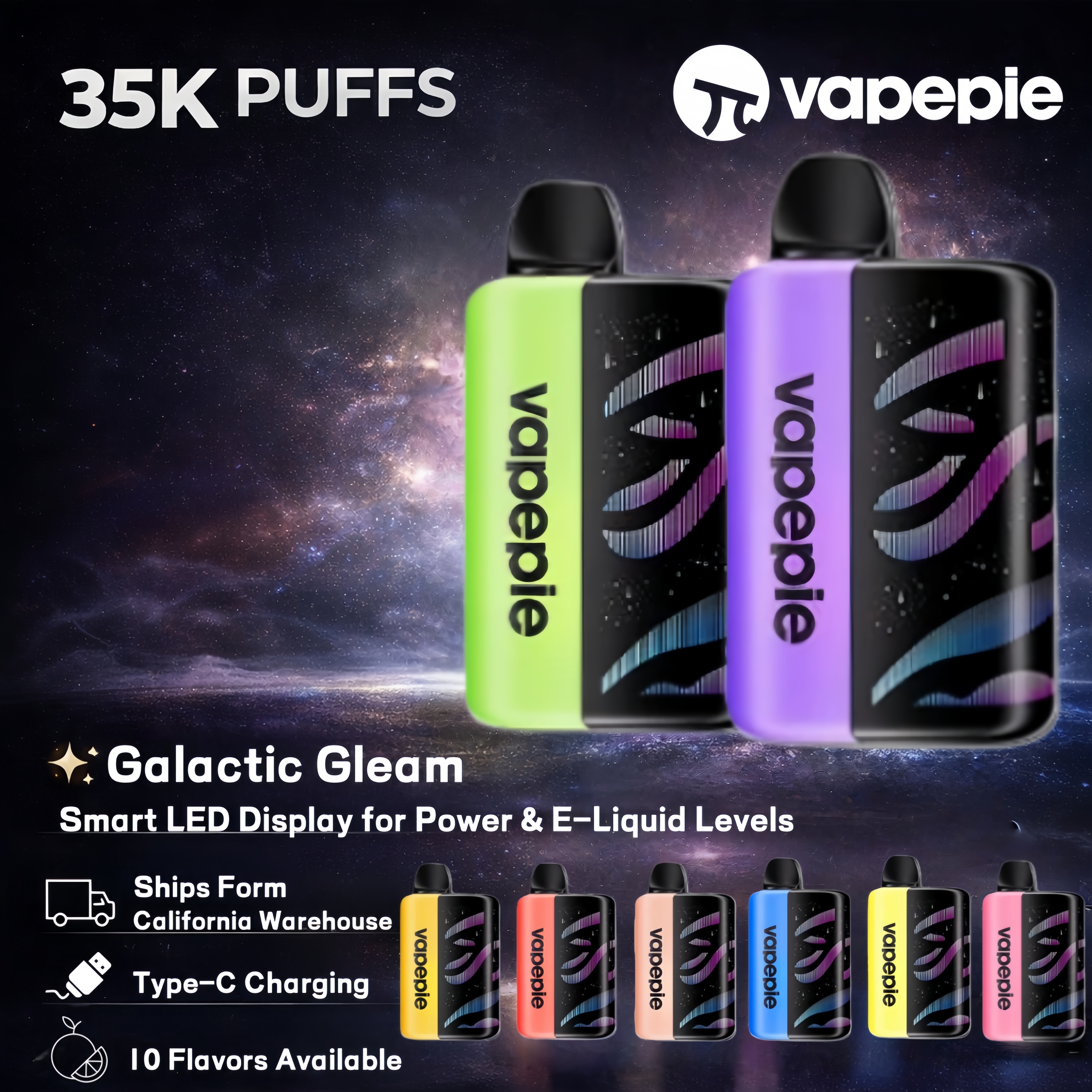 【USA】VapePie Galactic Gleam 35000 Puff Disposable Vape - Smart LED Display | U.S. Warehouse Fast Delivery