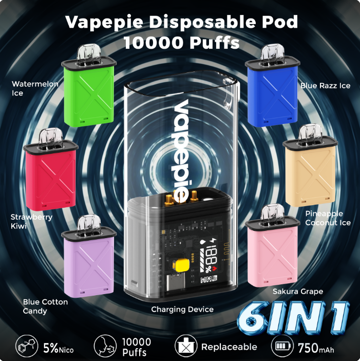 【60000 Puff】Vapepie 10000 Puff Vape - 7 IN 1 Value Package (1 Vape Stick + 6 Vape Pod)