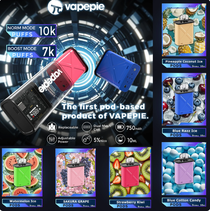 【60000 Puff】Vapepie 10000 Puff Vape - 7 IN 1 Value Package (1 Vape Stick + 6 Vape Pod)