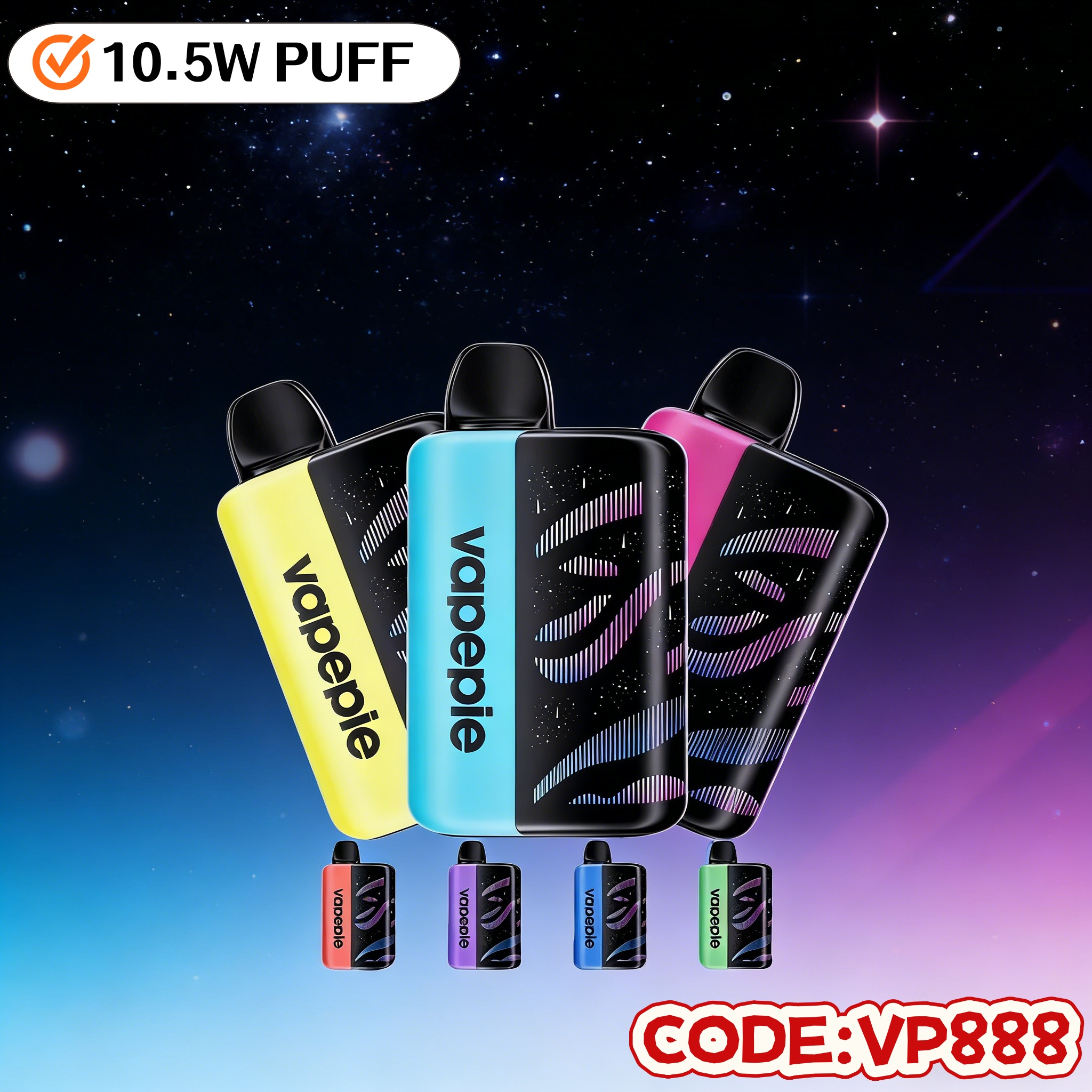 [Max Discount Pack of 3] VapePie Galactic Gleam 105000 Puff Disposable Electronic Cigarette - Smart LED Display | Fast Shipping from US Warehouse