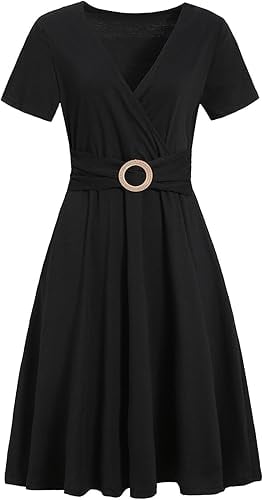 Women's Elegant Criss-Cross V Neck Vintage Short Sleeve Work Casual Fit and Flare Tea Dress with Pockets