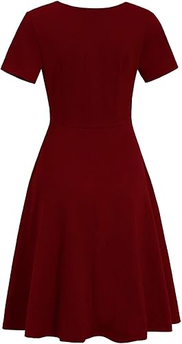 Women's Elegant Criss-Cross V Neck Vintage Short Sleeve Work Casual Fit and Flare Tea Dress with Pockets - Burgundy