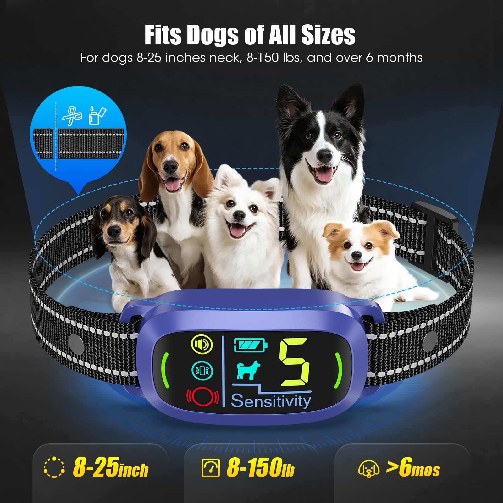 AI Bark Collar – 5 Modes, Rechargeable, IP67 Waterproof, Fits Large Medium Small Dogs (Black)