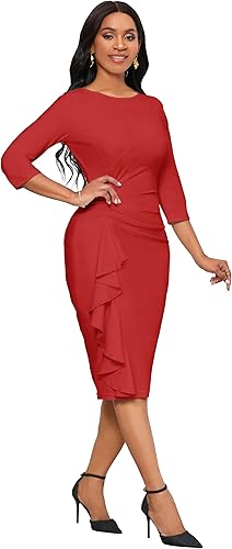 Church Dresses for Women 3/4 Sleeve Bodycon Ruffle Vintage Wear to Work Pencil Midi Dress - Red