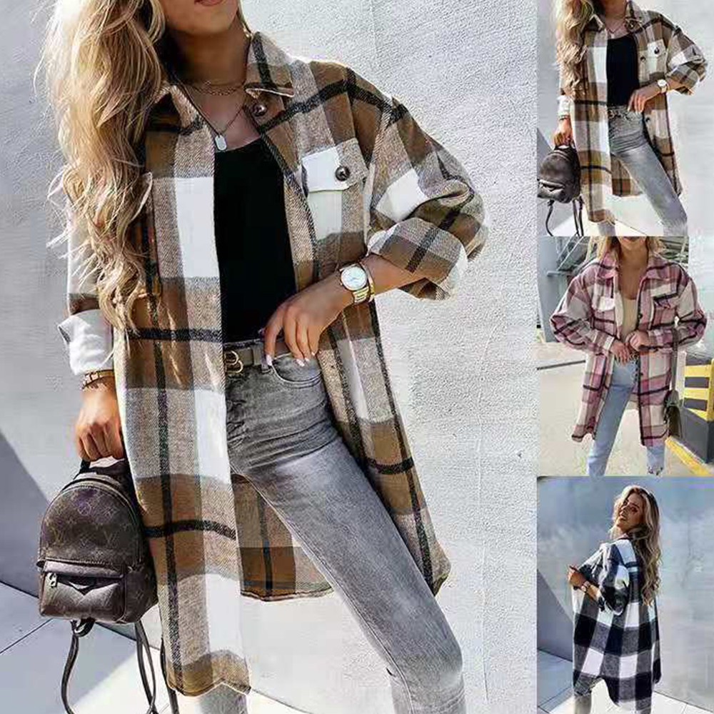 Castillotigo™ Chaqueta larga de camisa a cuadros para mujer