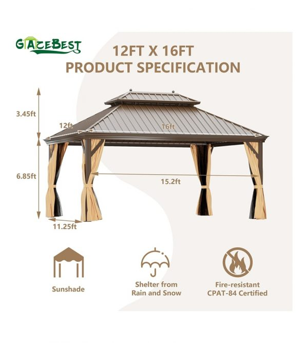 12′ft X 16′ft Permanent Hardtop Gazebo, Outdoor Galvanized Steel Double Roof Pavilion Pergola Canopy with Aluminum Frame and Privacy Curtains for Patio, Garden, Backyard, Lawn