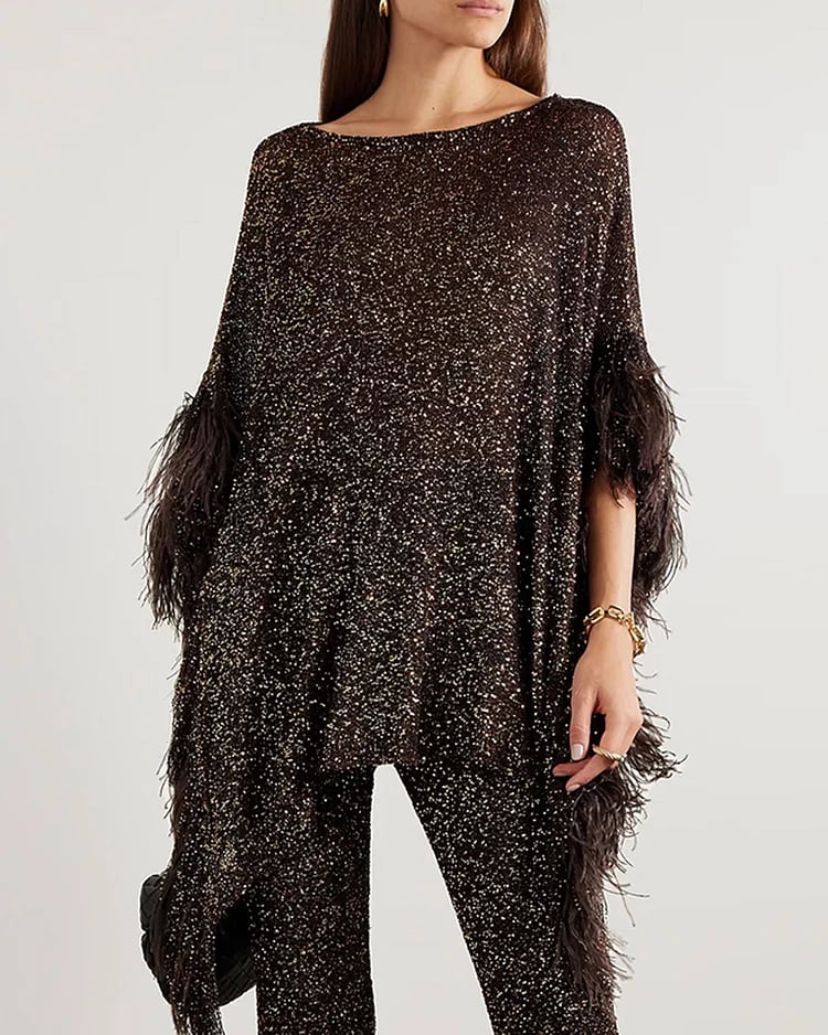 Asymmetric feather-trimmed sequin-embellished top and pants two-piece set